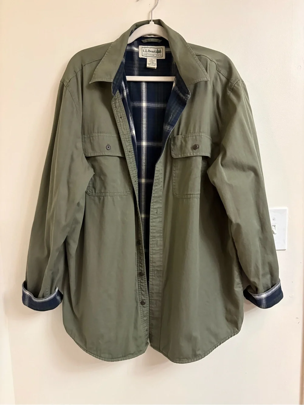L.L.Bean Flannel Lined Hurricane Shirt Jacket Olive Green Men’s L utility barn